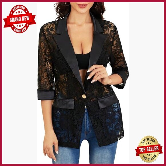 Jackets & Blazers - Floral Lace Mesh Blazer Long Sleeve Elegant Jacket Office Chic